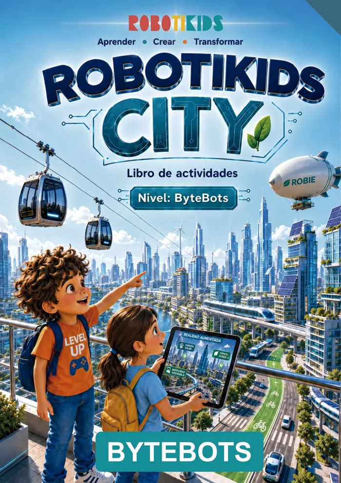 Portada del libro de actividades Robotikids City, nivel ByteBots