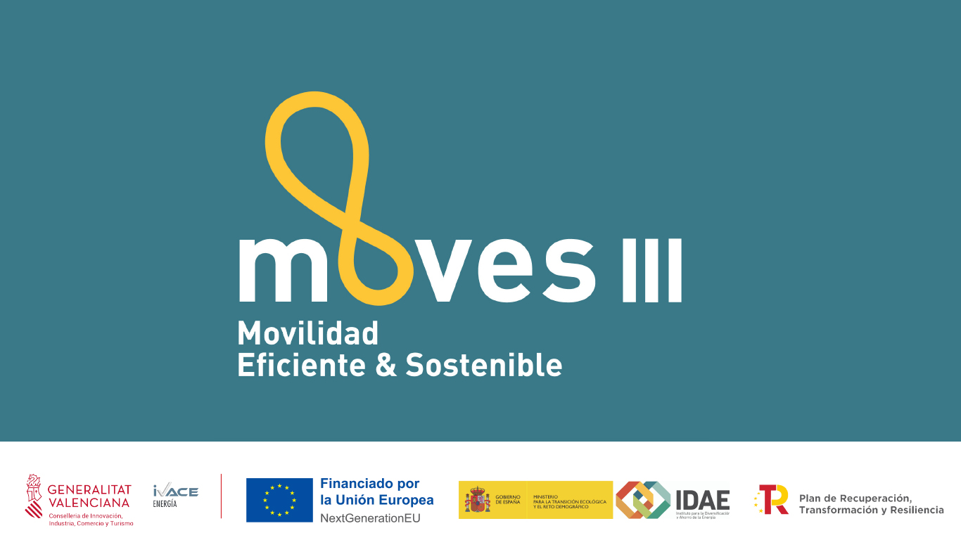 Cartel oficial del Programa MOVES III. Emblema de la Unión Europea con el texto «Financiado por la Unión Europea – NextGenerationEU», y logotipos del PRTR, IDAE, MOVES III e IVACE.